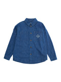 Blue Jacket with Classic Collar and Logo Lettering Embroidery on the Front in Denim Boy Blu Cotton Shirts Blouses