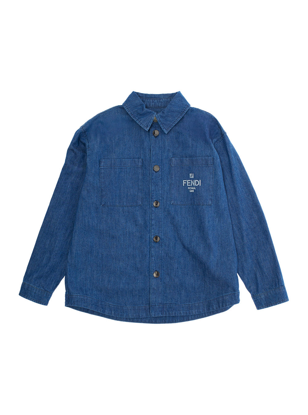 Blue Jacket with Classic Collar and Logo Lettering Embroidery on the Front in Denim Boy Blu Cotton Shirts Blouses
