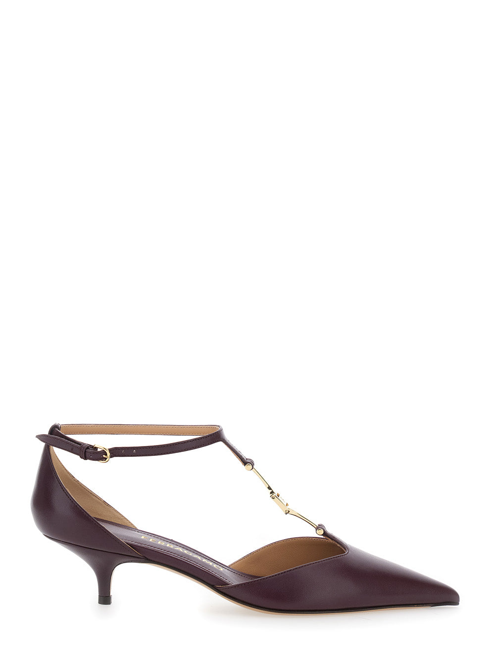 Bordeaux Pumps with T Strap and Low Heel in Leather Woman Goat Heels