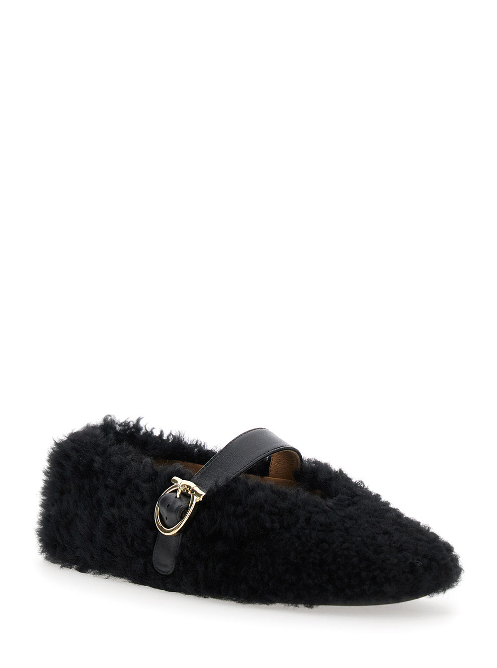 Black Ballerinas with Shearling Design and Buckle in Leather Woman Brown Lamb