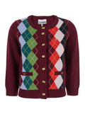 Multicolor Crewneck Cardigan with Jewel Buttons and Gemetric Motif on the Front in Wool Cashmere Woman Merino Jersey