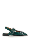 Green Ballet Shoes with Double Buckle and Pointed Design in Leather Woman Ballerinas