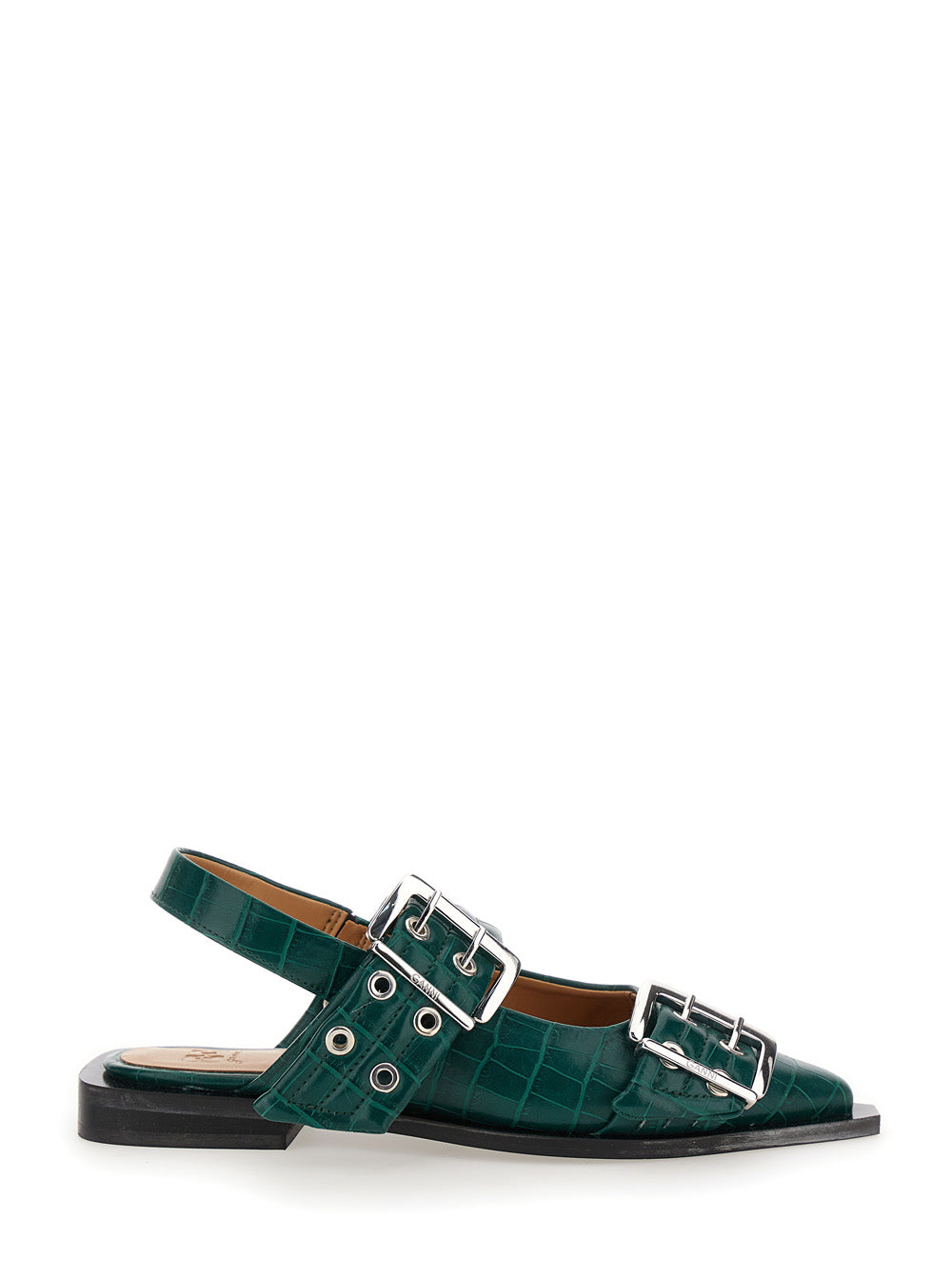 Green Ballet Shoes with Double Buckle and Pointed Design in Leather Woman Ballerinas