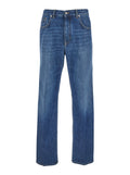 Blue Five-Pocket Jeans with Logo Patch on the Back in Denim Man Blu Cotton