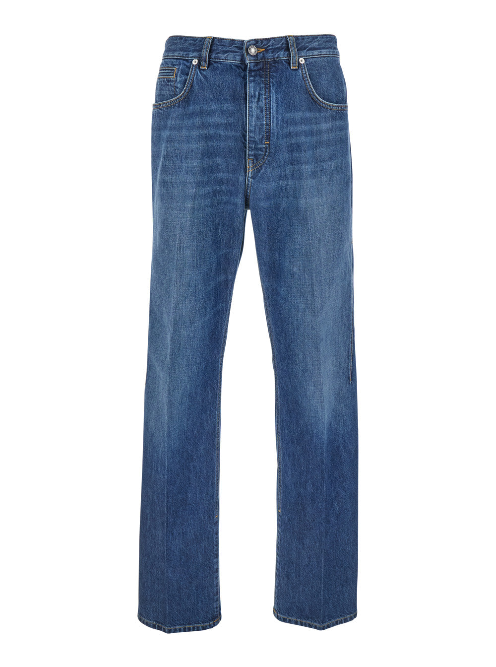 Blue Five-Pocket Jeans with Logo Patch on the Back in Denim Man Blu Cotton