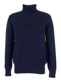 Blue Turtleneck Sweater with Logo Lettering on the Front in Wool Man Blu Jersey