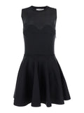 Black Crew Neck Dress with Flared Skirt in Fabric Woman Viscose Polyamide