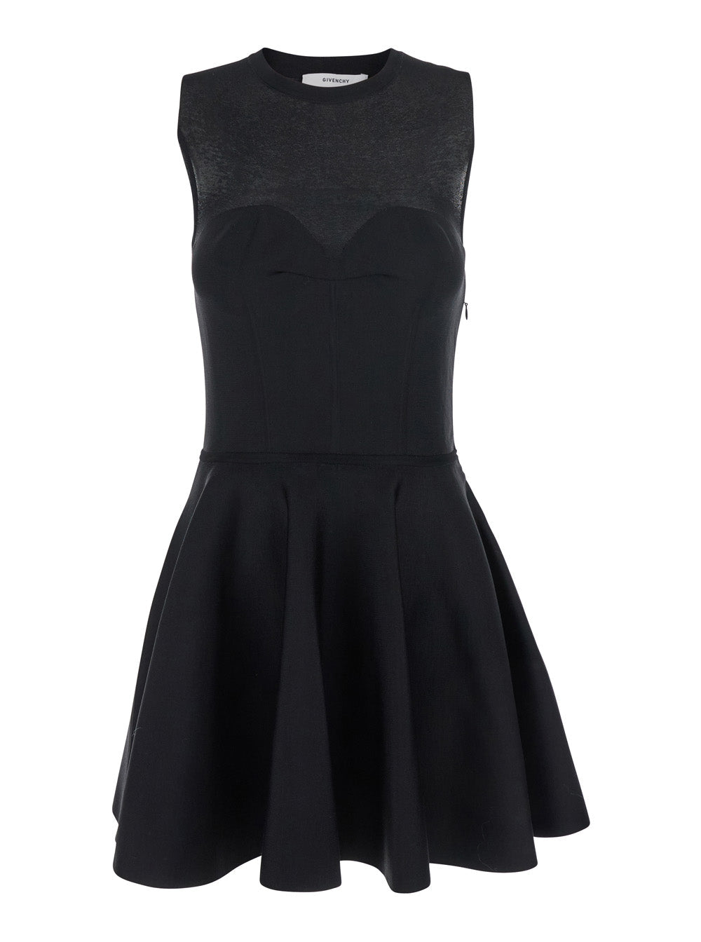 Black Crew Neck Dress with Flared Skirt in Fabric Woman Viscose Polyamide