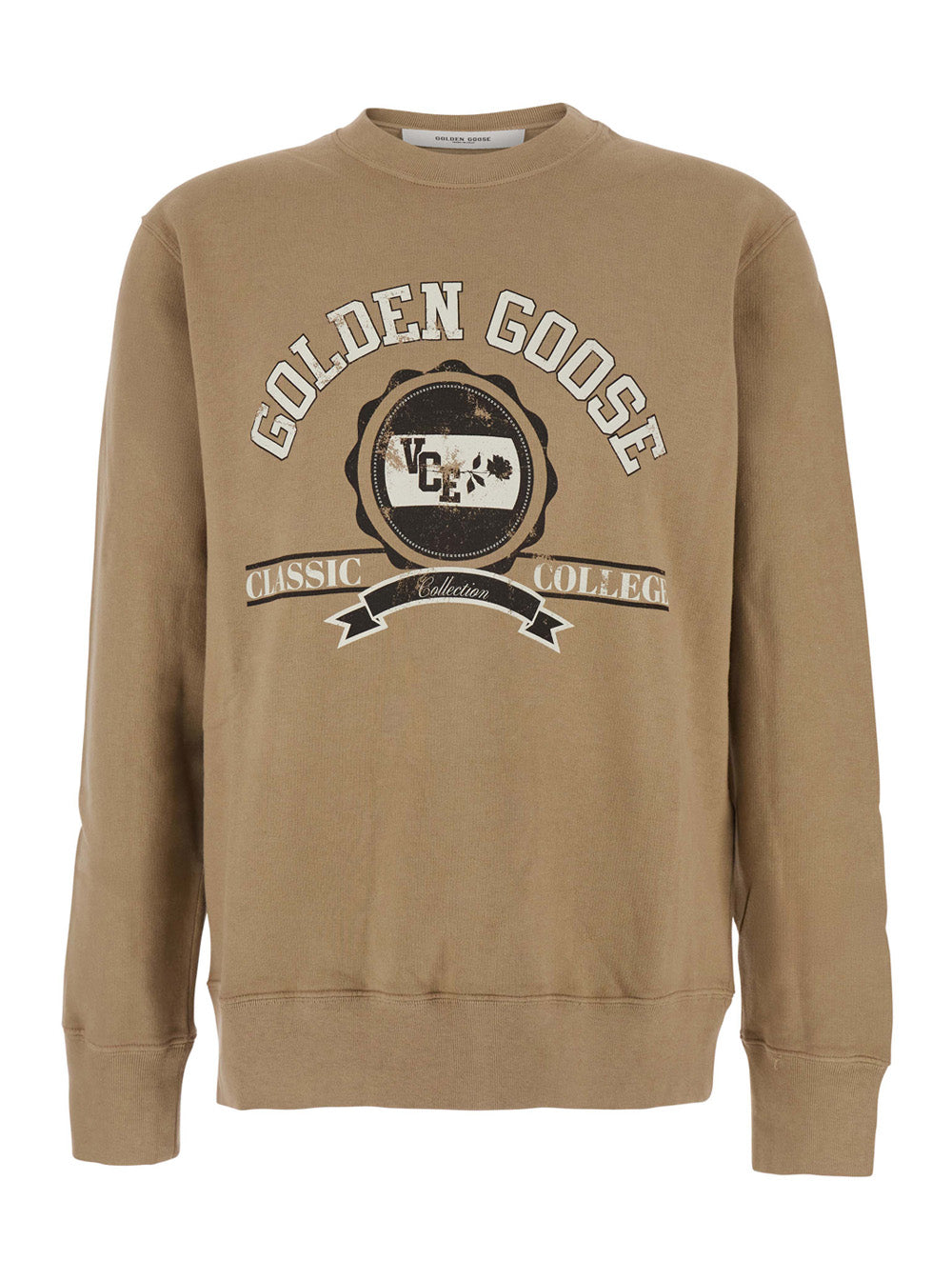 Beige Crewneck Sweatshirt with Maxi Print on the Front in Cotton Man Sweatshirts