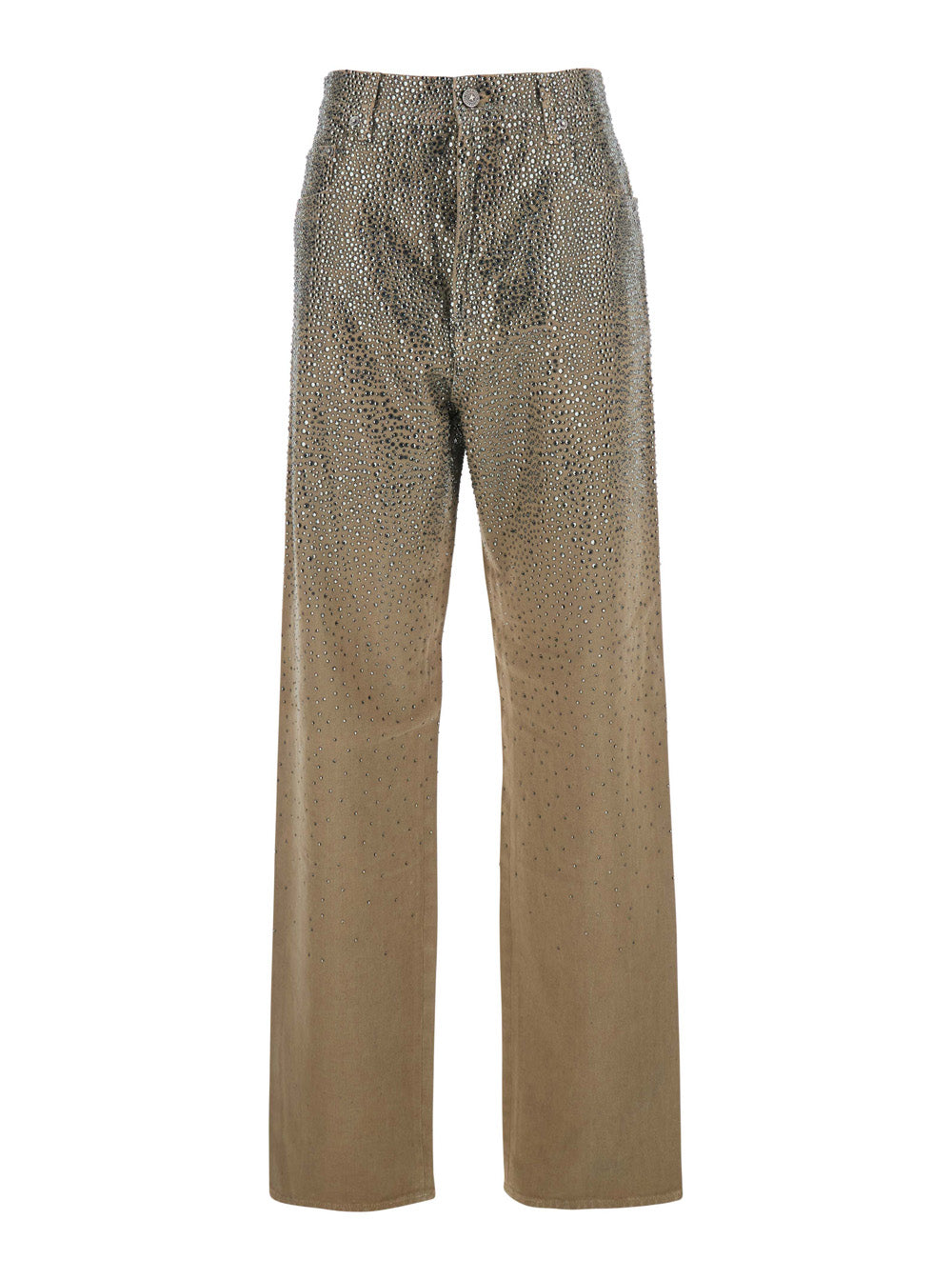 Beige Pants with Faded Crystal Embellishment and Belt Loops in Cotton Blend Woman Polyester Other Fiber Trousers