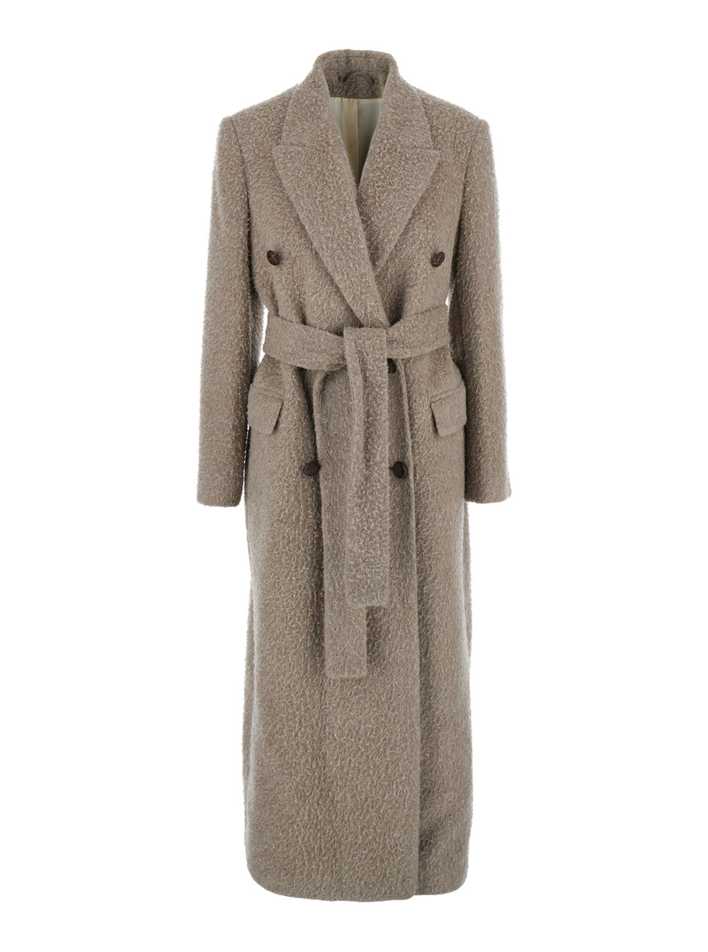 Beige Double-Breasted Coat with Classic Lapels and Belt in Wool Mohair Blend Woman Virgin Polyamide Outerwear