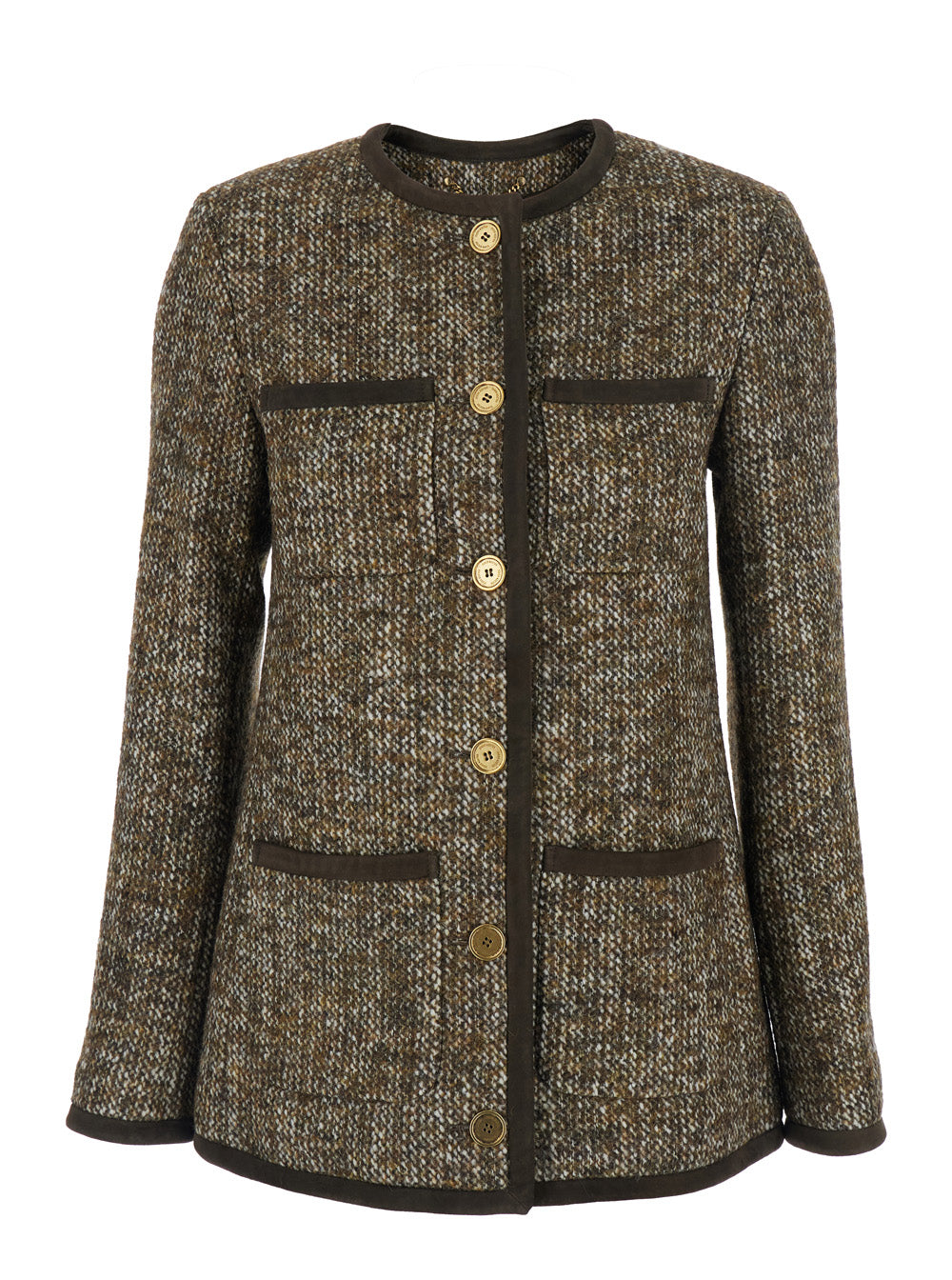 Brown Crew Neck Jacket with Front Patch Pockets in Wool Blend Woman Blazers