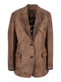 Brown Single-Breasted Jacket with Classic Lapels in Leather Woman Cow Blazers