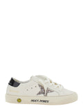 May White Low Top Sneakers with Glittered Star Patch and Contrasting Heel Logo Lettering in Leather Girl Cow