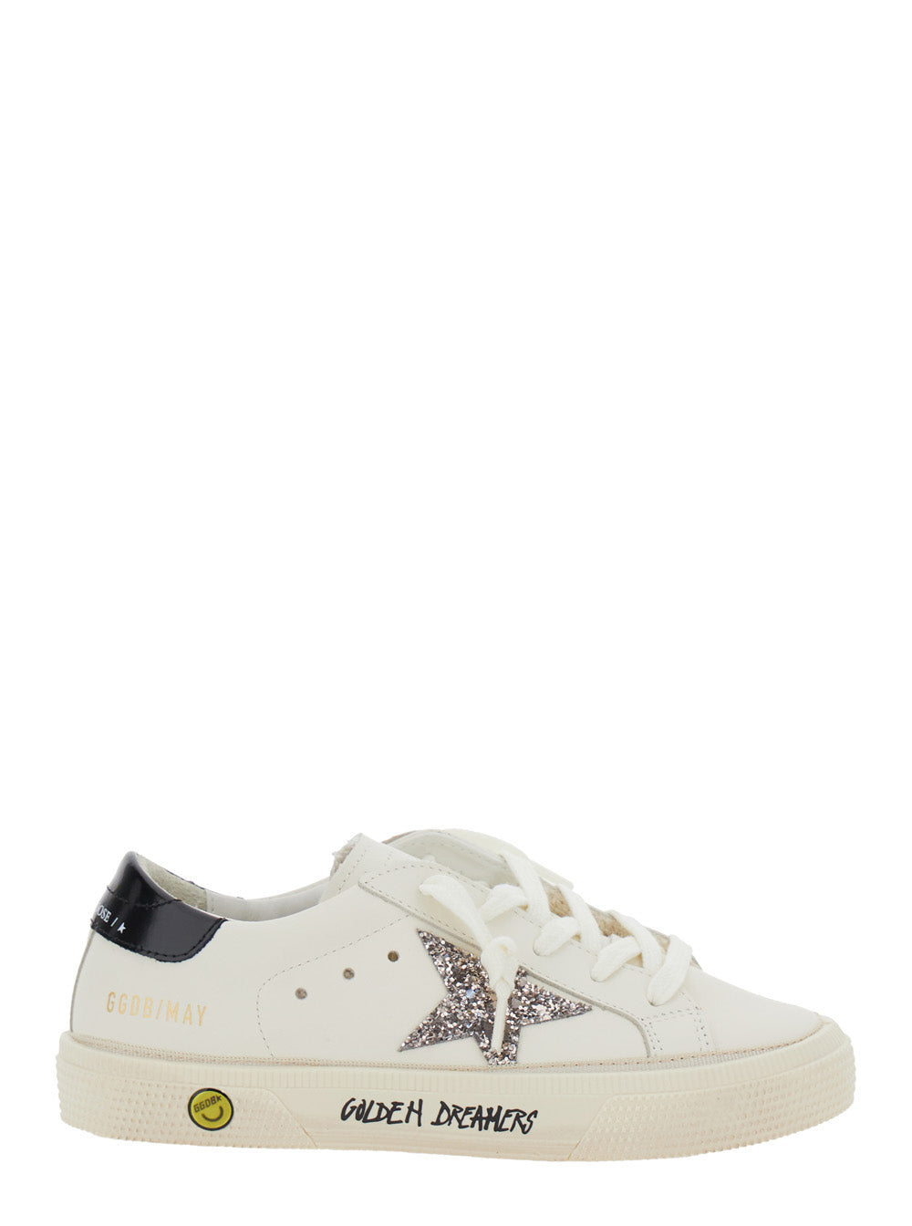 May White Low Top Sneakers with Glittered Star Patch and Contrasting Heel Logo Lettering in Leather Girl Cow