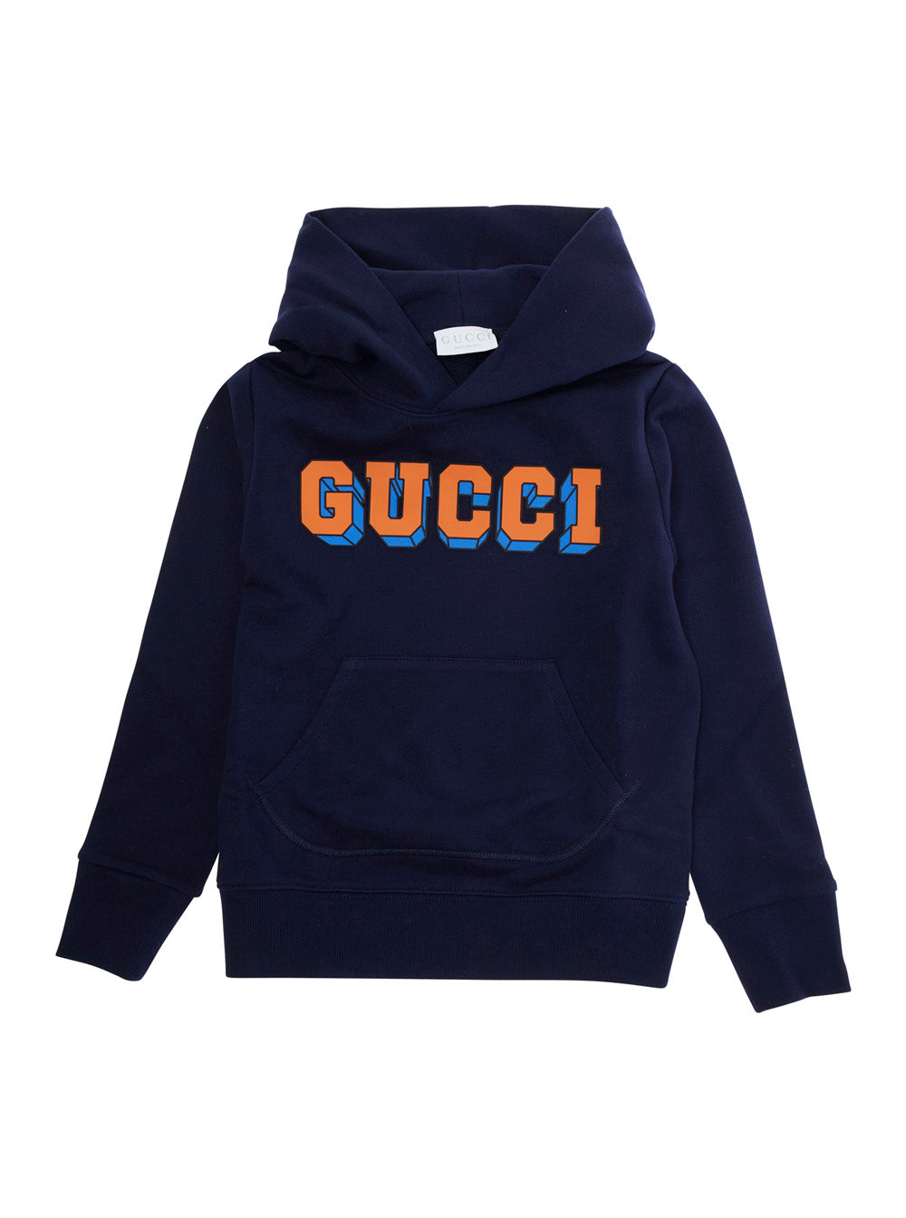 Blue Sweatshirt with Fixed Hood and Logo Lettering on the Front in Cotton Kid Blu Sweatshirts