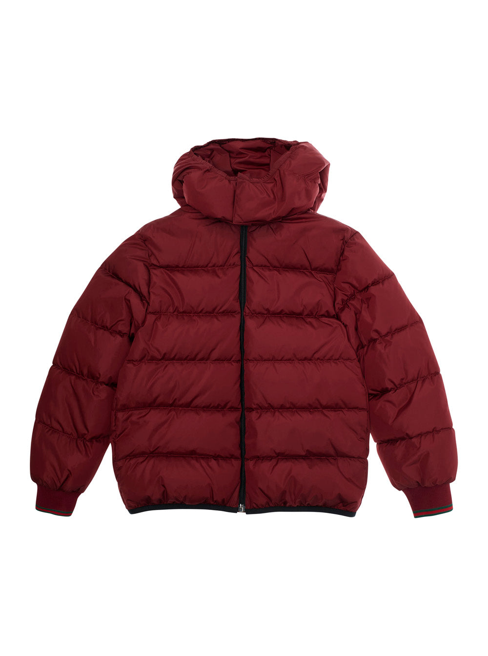Bordeaux Down Jacket with Fixed Hood and Web Details on the Edges in Tech Fabric Boy Polyamide