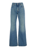 Korea Blue Jeans with Wide Leg and Logo Patch on the Rear in Denim Woman Blu Cotton