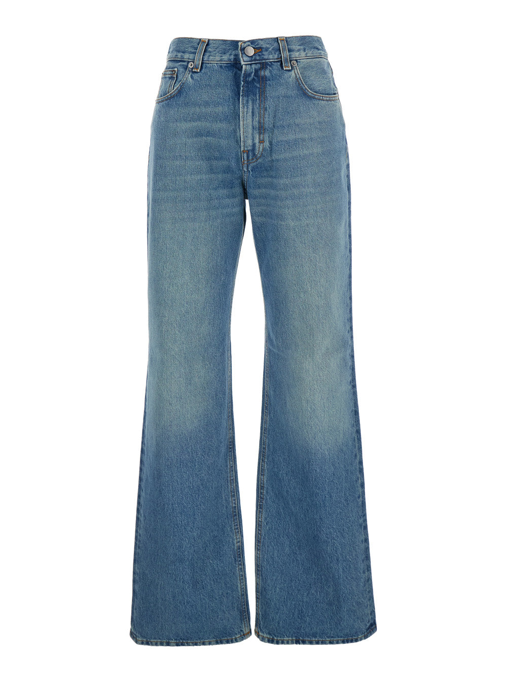 Korea Blue Jeans with Wide Leg and Logo Patch on the Rear in Denim Woman Blu Cotton