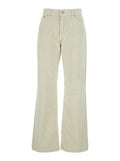 Korea White Pants with Logo Patch on the Rear and Wide Leg in Corduroy Woman Trousers