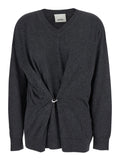 Grey V-Neck Sweater with Ring Detail at the Waist in Fabric Woman Jersey
