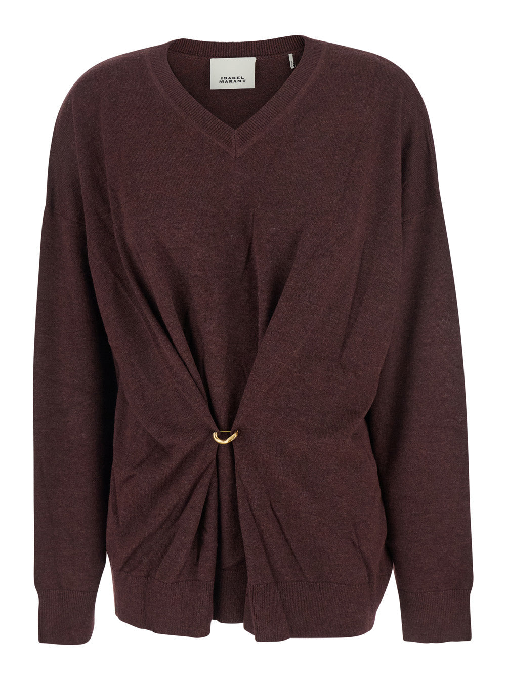 Bordeaux V-Neck Sweater with Ring Detail at the Waist in Fabric Woman Jersey