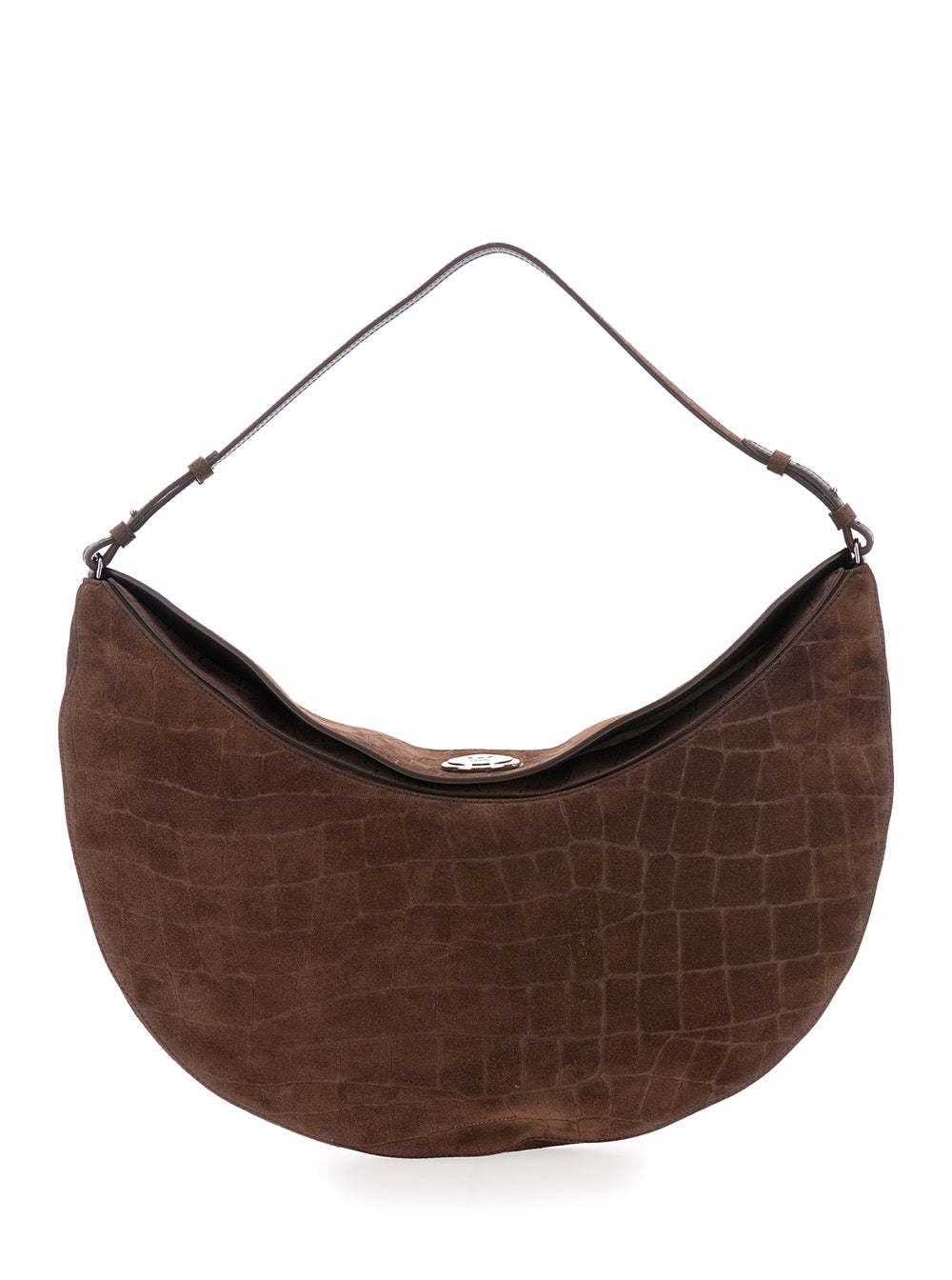 Le Calisso Rond Large Brown Shoulder Bag With Adjustable Strap And Embossed Crodocile Effect Leather Woman