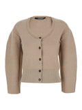 Le Gilet Doppio Beige Cardigan with Round Neck and Ribbed Trims in Wool Blend Stretch Woman Polyamide Elastane Jersey