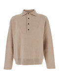 Beige Sweater with Polo Collar and Ribbed Details in Wool Man Jersey