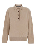 La Maille Vareuse Pallone Beige Sweater with Polo Shirt Style Collar in Wool and Cashmere Stretch Woman Elastane Jersey