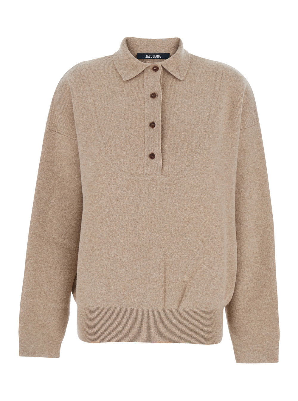 La Maille Vareuse Pallone Beige Sweater with Polo Shirt Style Collar in Wool and Cashmere Stretch Woman Elastane Jersey