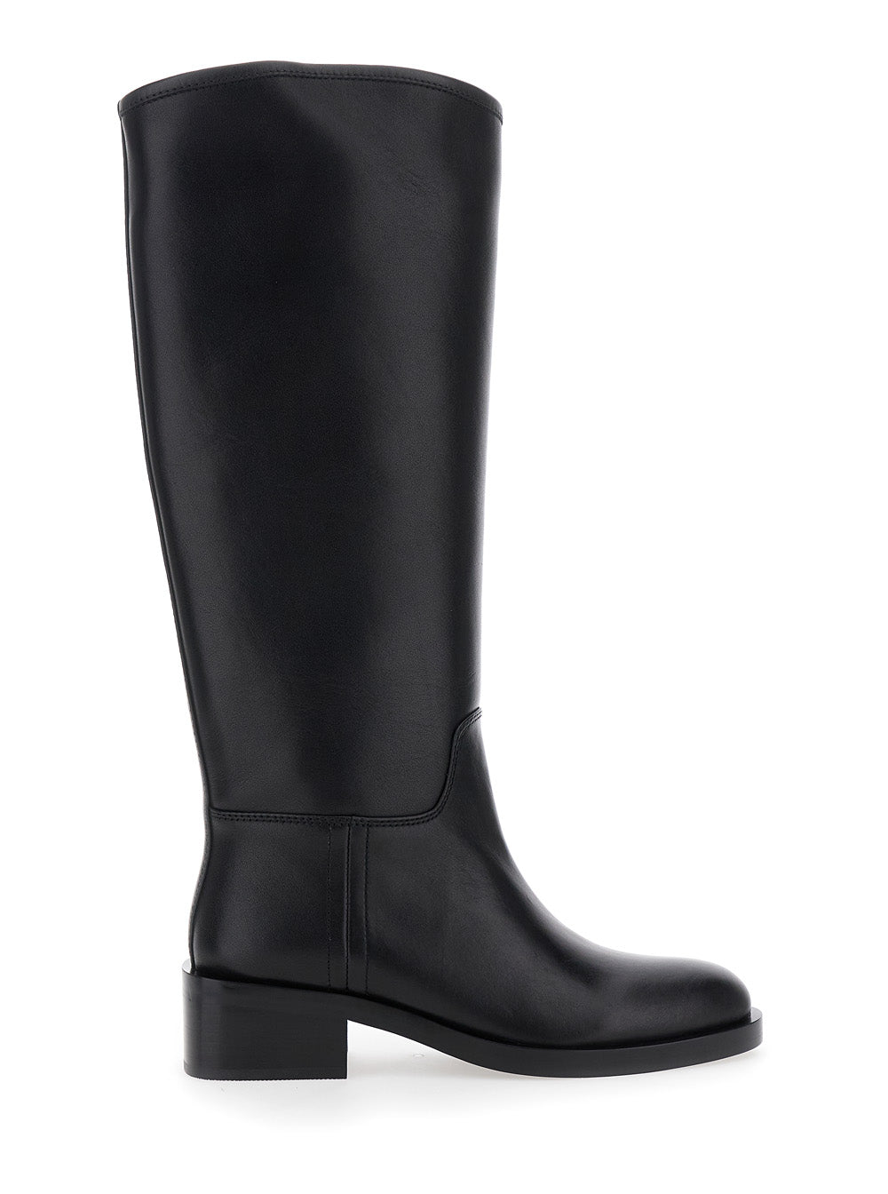 Black Knee High Boots with Block Heel in Leather Woman Cow