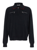 Black Sweater with Classic Collar and Front Zip Pockets in Wool Man Virgin Jersey