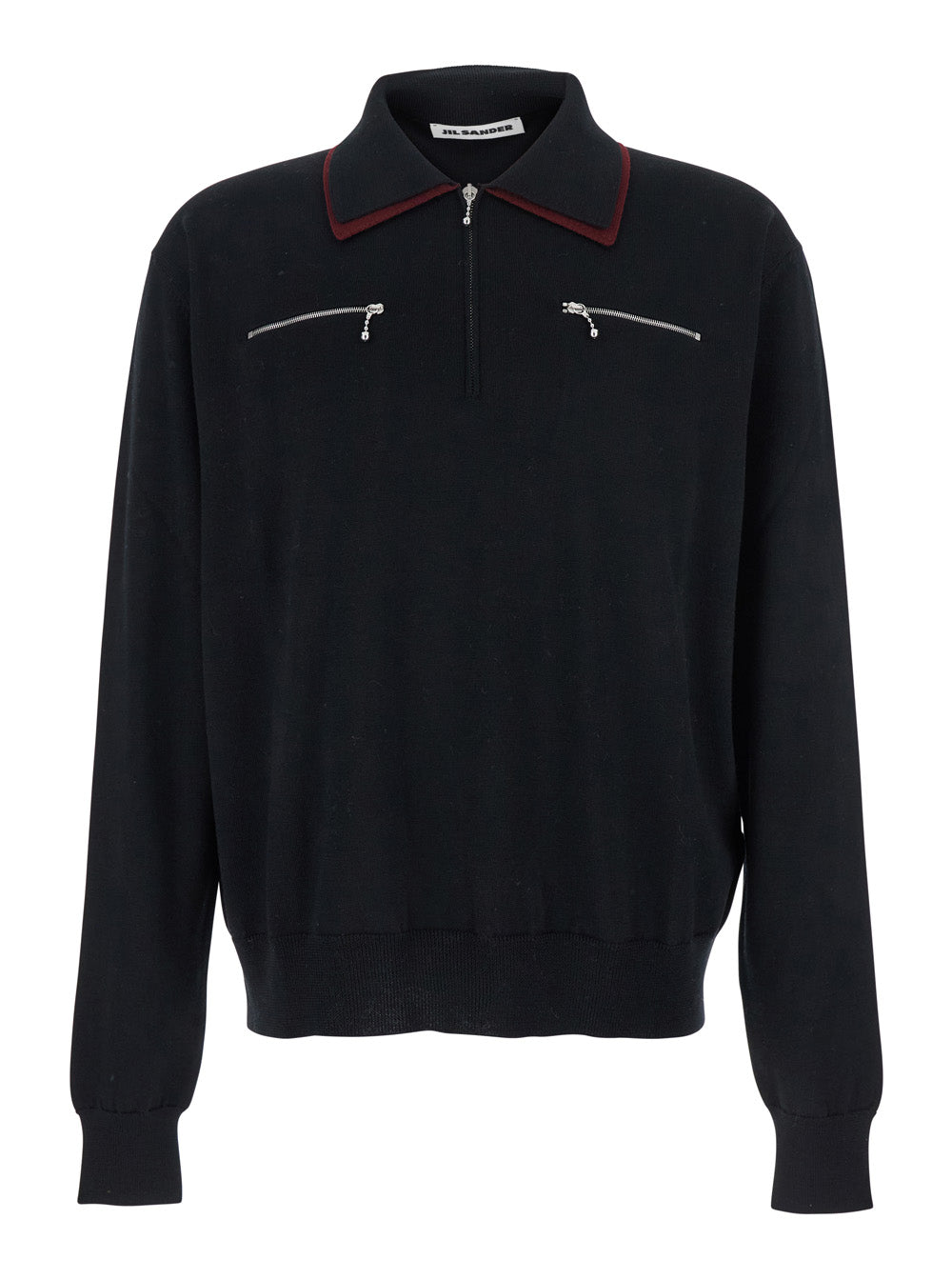 Black Sweater with Classic Collar and Front Zip Pockets in Wool Man Virgin Jersey