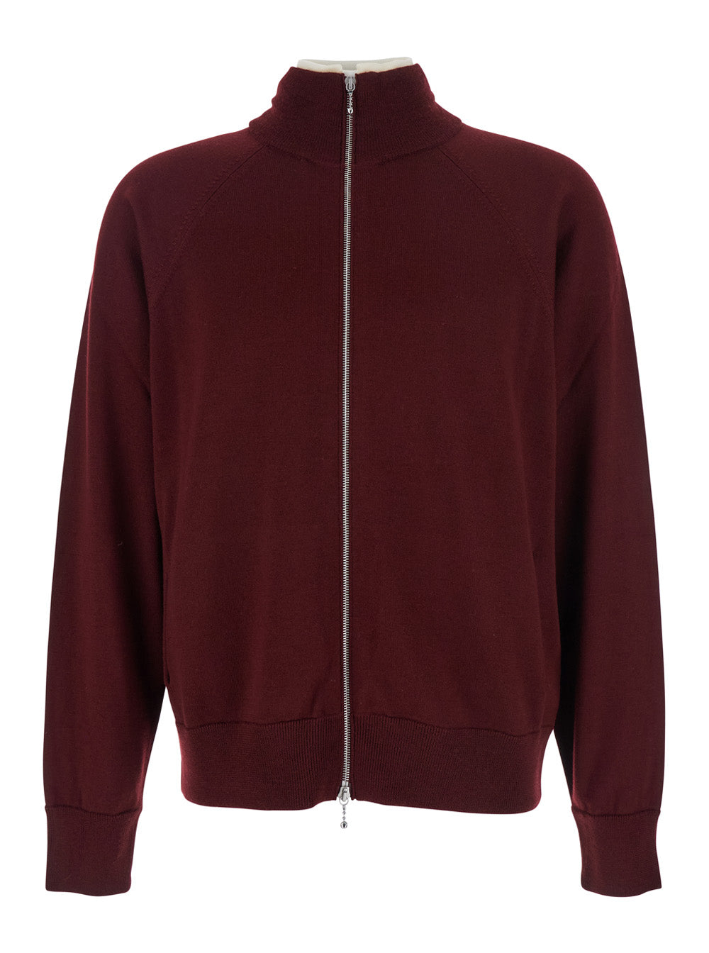 Bordeaux Cardigan with High Neck and Front Zip Closure in Wool Man Virgin Jersey