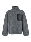 Grey Sweater with High Neck and One Front Patch Leather Pocket in Wool Blend Man Jersey