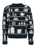 Black and White Crewneck Sweater with Tableware Motif in Wool Man White/black Jersey