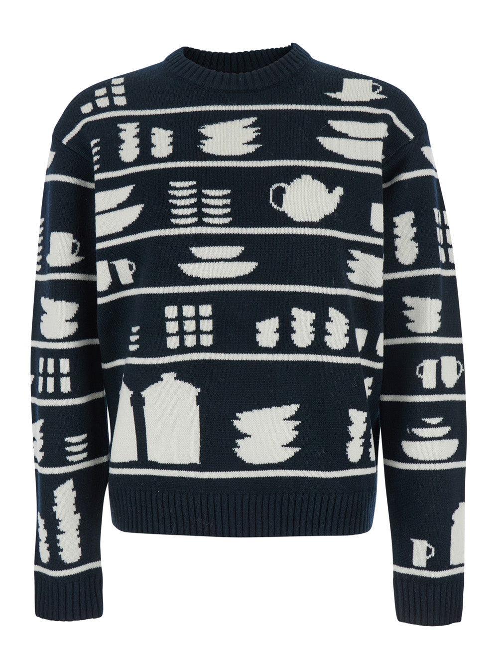 Black and White Crewneck Sweater with Tableware Motif in Wool Man White/black Jersey