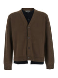 Brown Cardigan with V-Neck and Layered Design in Fabric Man Jersey