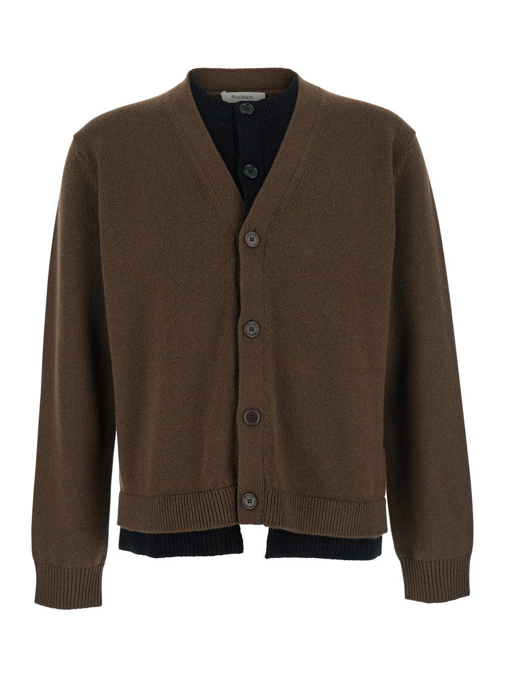 Brown Cardigan with V-Neck and Layered Design in Fabric Man Jersey