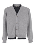 Grey Cardigan with V-Neck and Layered Design in Fabric Man Jersey