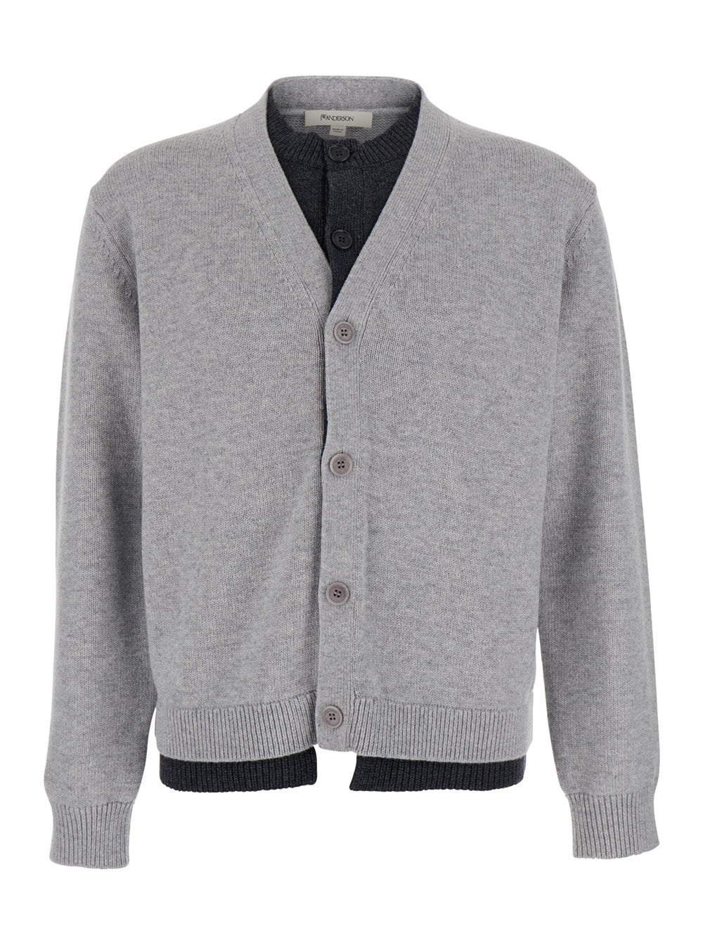 Grey Cardigan with V-Neck and Layered Design in Fabric Man Jersey