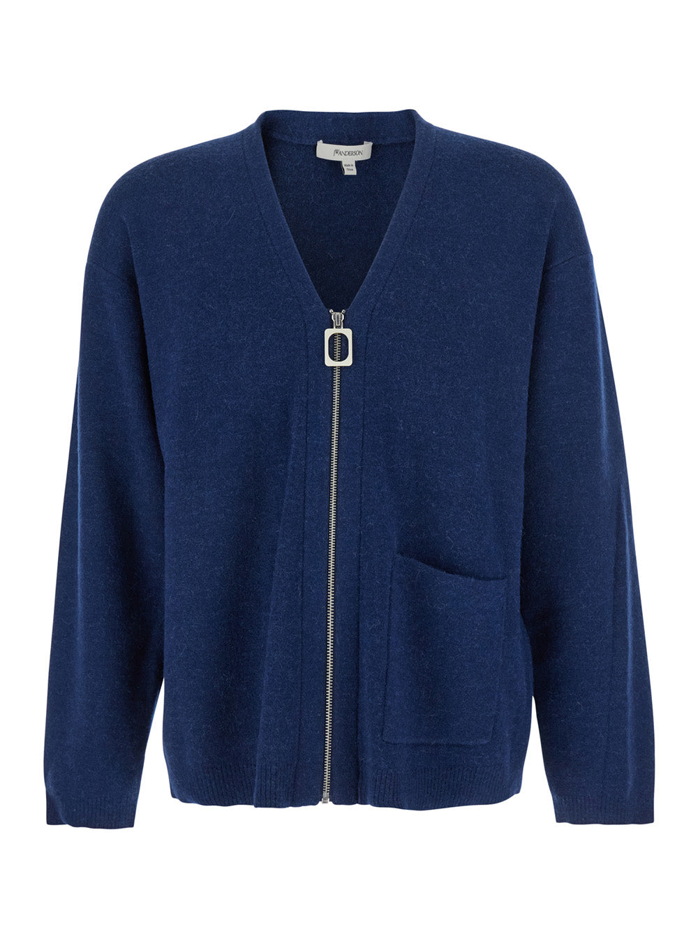 Blue Cardigan with V Neck and Front Zip Closure in Wool Blend Man Blu Jersey