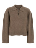 Brown Polo Shirt Style Sweater with Classic Collar and Ribbed Trims in Cashmere Woman Jersey