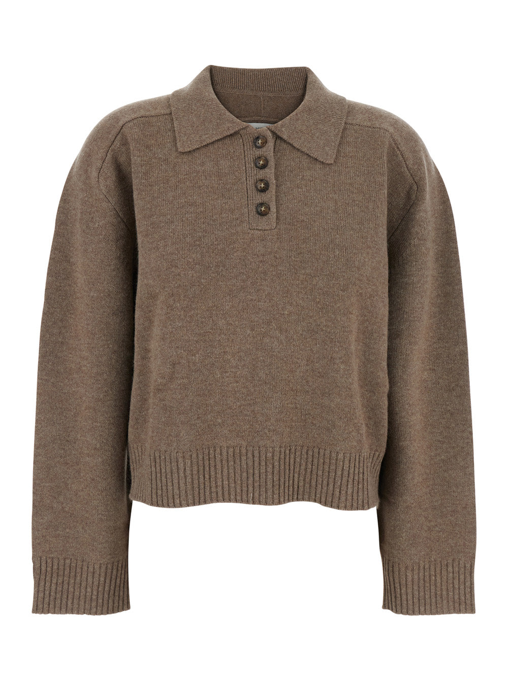 Brown Polo Shirt Style Sweater with Classic Collar and Ribbed Trims in Cashmere Woman Jersey