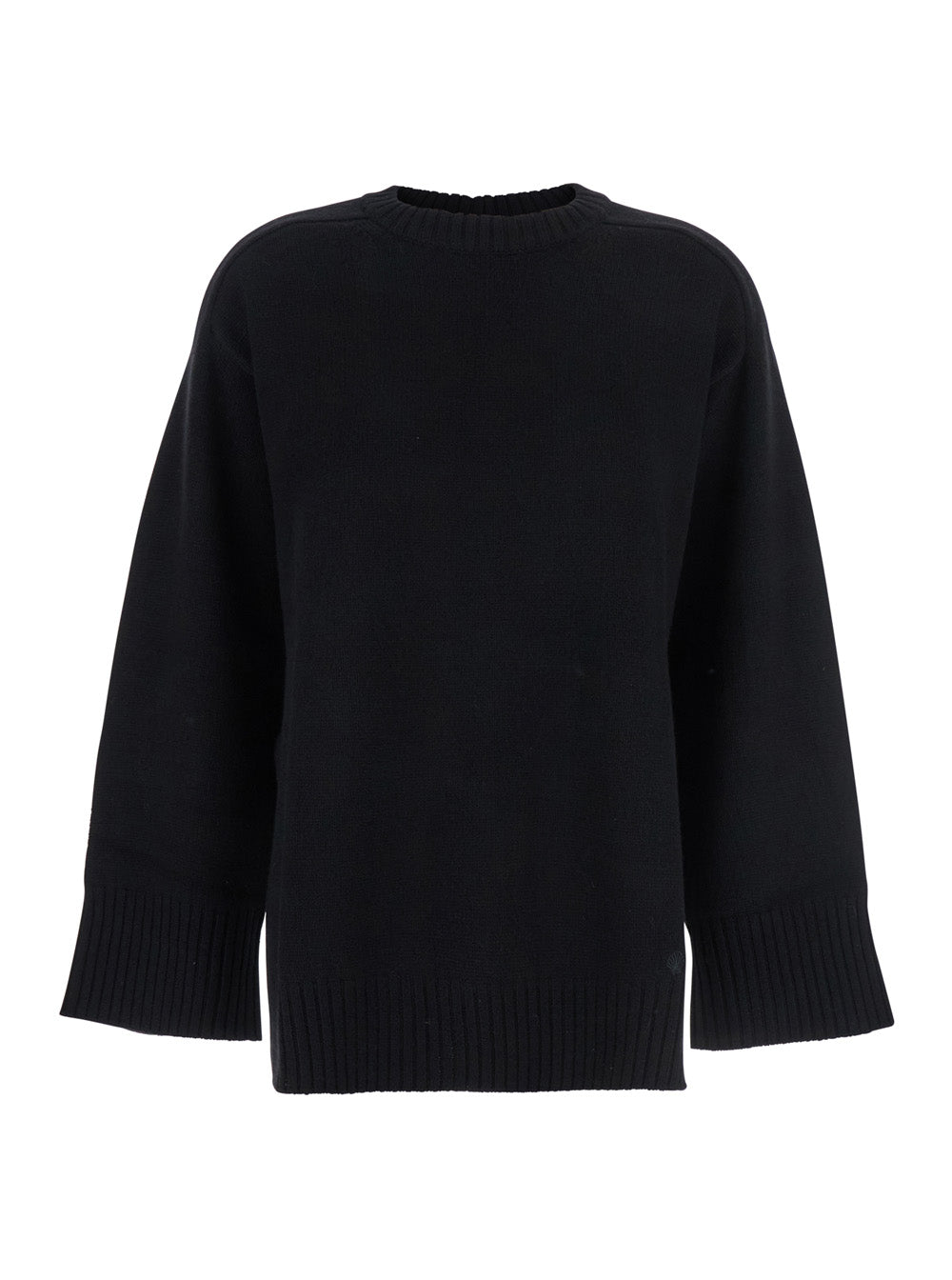 Black Crew Neck Sweater with Knitted Design in Wool Woman Cashmere Jersey