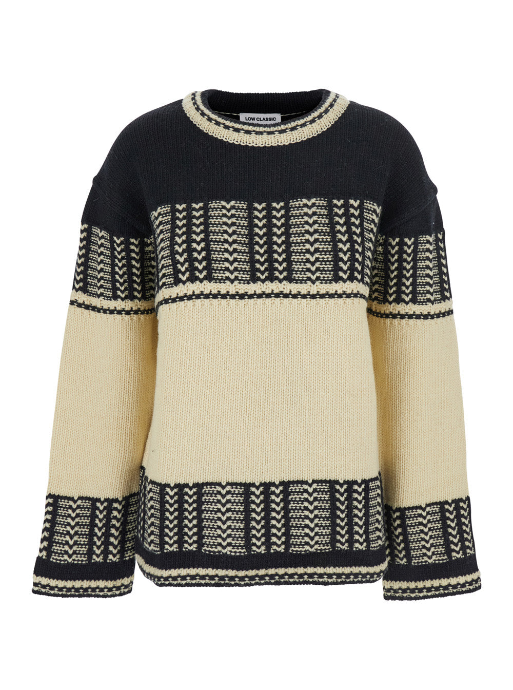 Black and White Crew Neck Sweaterwith All-Over Intarsia in Wool Woman White/black Jersey