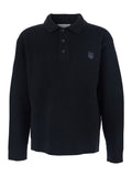 Black Ribbed Sweater with Front Logo Patch in Cotton Man Wool Jersey