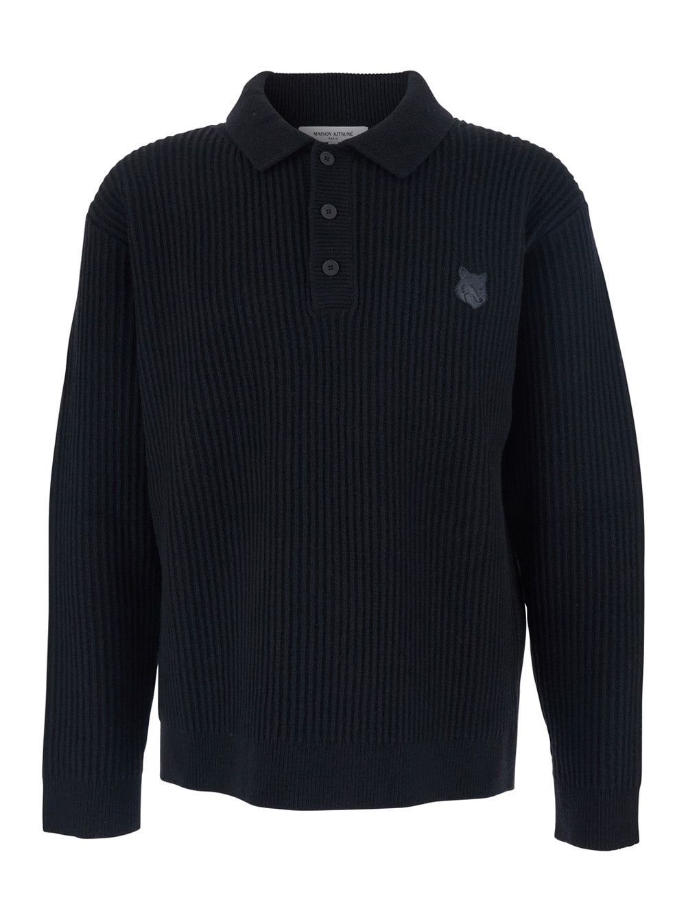 Black Ribbed Sweater with Front Logo Patch in Cotton Man Wool Jersey