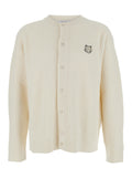 Beige Ribbed Knit Crewneck Cardigan with Logo Embroidery on the Front in Wool Man Merino Jersey